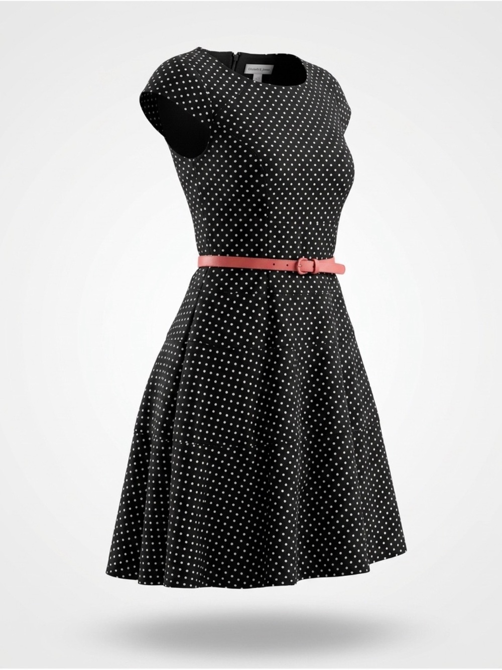 Christopher & Banks Black Polka Dot Midi Dress with Coral Belt